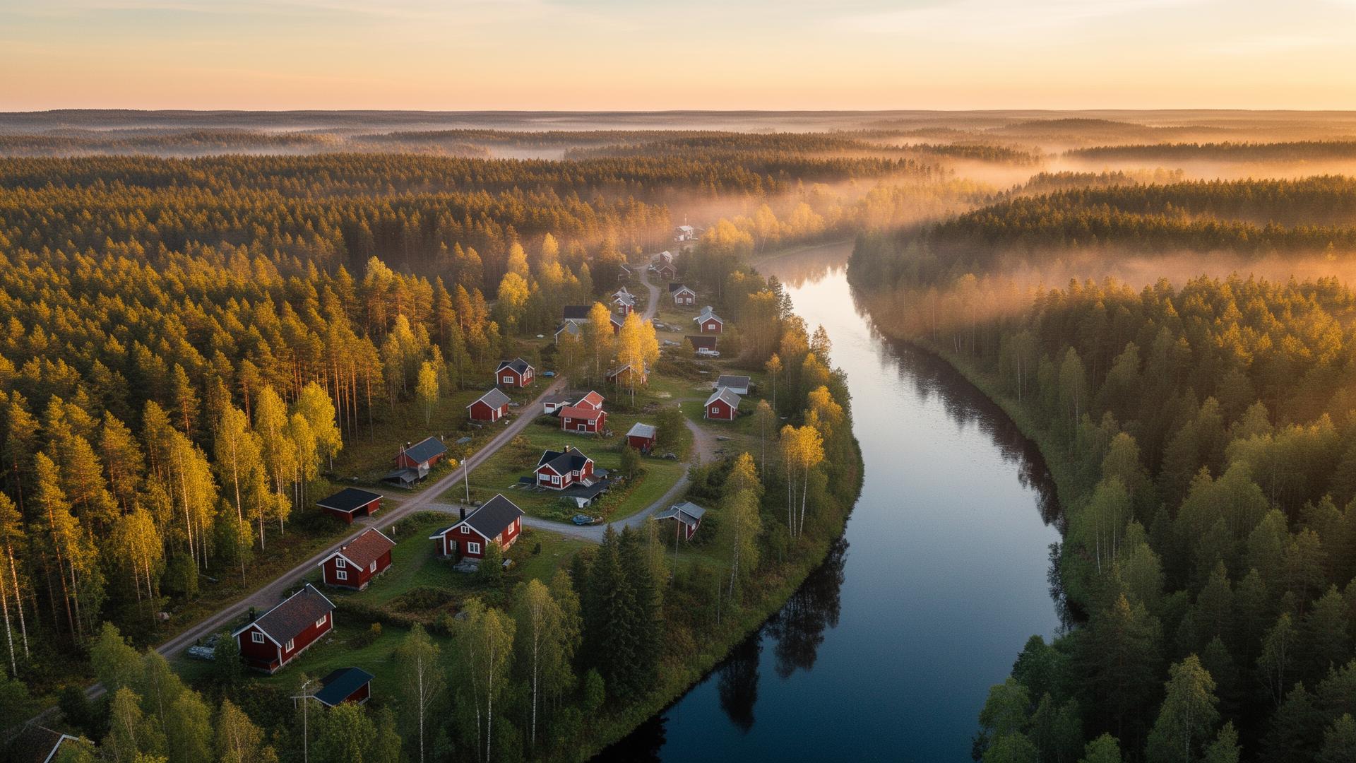 Vy över Fliseryd och Emån i gryningsljus